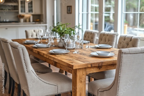Elegant dining setup with wooden table and plush chairs in a bright modern ki...