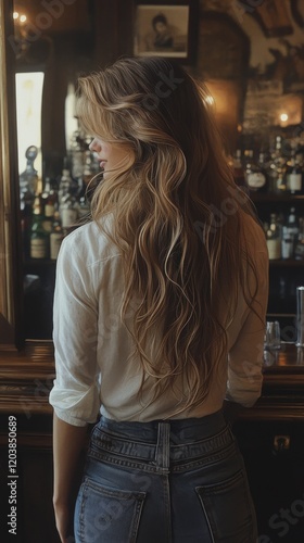 Woman with long wavy hair stands in front of a bar with various bottles displ...