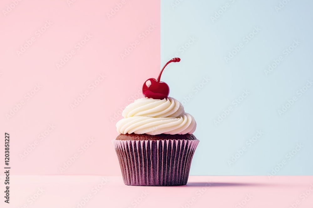Delicious Cherry Topped Cupcake on Pink and Blue Background Delicious Cherry Topped Cupcake on Pink and Blue Background