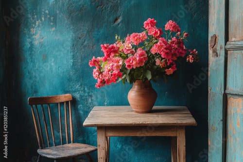 Brightly lit kitchen table with fresh flowers in vase near window