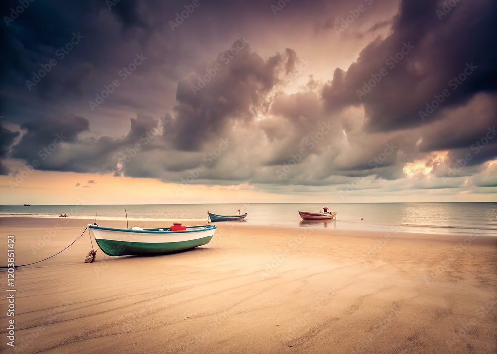 Minimalist Beach Scene: Boats on Cloudy Day - Stock Photo Minimalist Beach Scene: Boats on Cloudy Day - Stock Photo