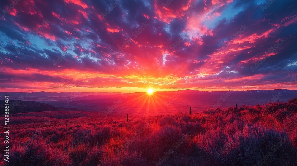 Vivid Sunset over Rolling Hills: A Majestic Sky Bursting with Pink and Blue Hues Illuminating the Landscape Vivid Sunset over Rolling Hills: A Majestic Sky Bursting with Pink and Blue Hues Illuminating the Landscape