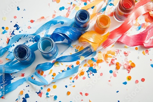 Colorful paint bottles and ribbons scattered with confetti on a white surface...
