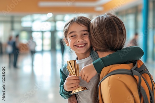 Celebrating achievement a proud parent hugging their child holding a trophy in a bright school corridor joyful atmosphere close-up view of shared success photo