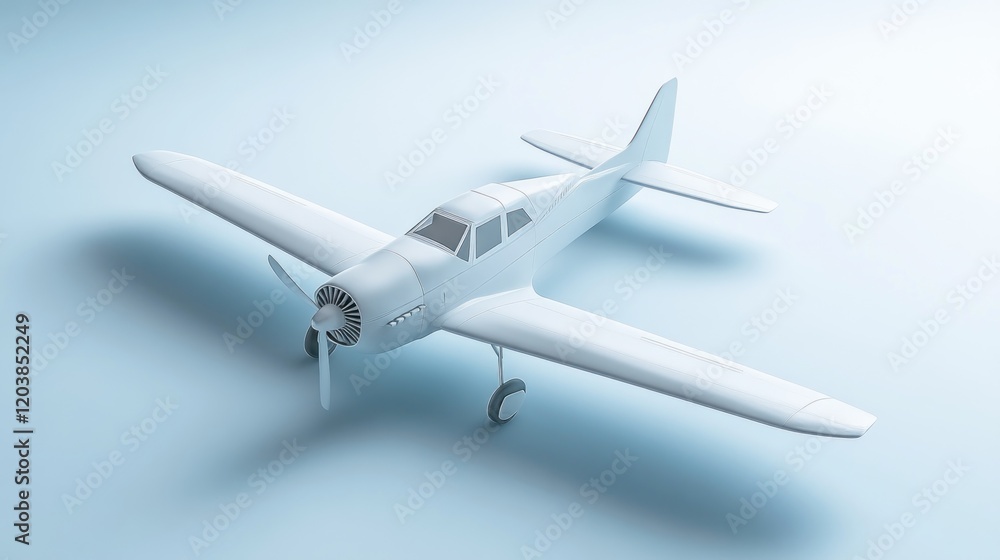 White propeller plane, studio shot, light blue background, travel concept White propeller plane, studio shot, light blue background, travel concept