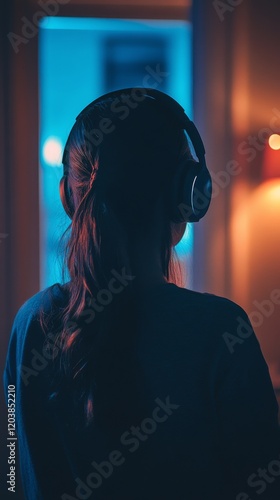 Young woman enjoys music with headphones while relaxing by a window with warm...