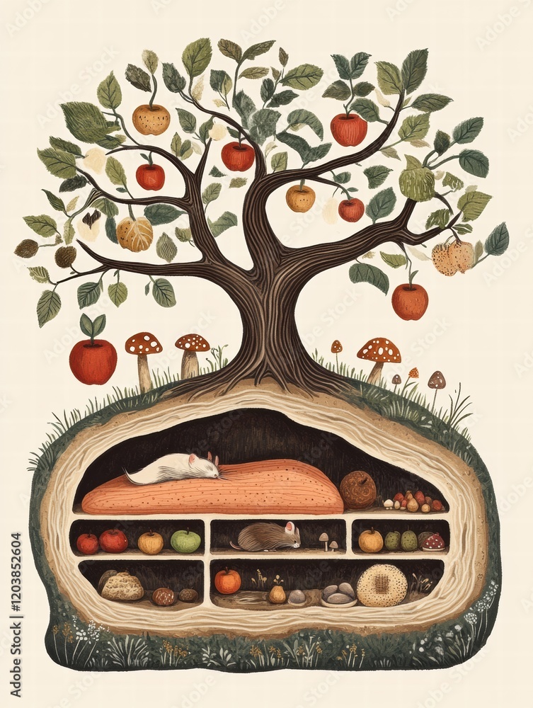 Cute underground home for small animals with tree above, filled with fruits and mushrooms, showcasing natures harmony. Generative AI Cute underground home for small animals with tree above, filled with fruits and mushrooms, showcasing natures harmony. Generative AI