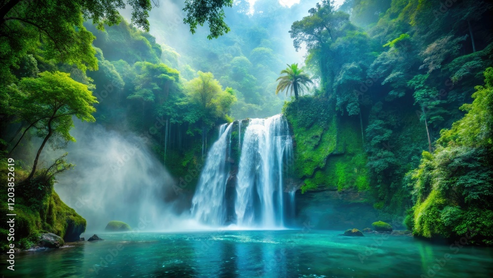 Aqua falls from a misty waterfall in the middle of a jungle, jungle, aquatic Aqua falls from a misty waterfall in the middle of a jungle, jungle, aquatic