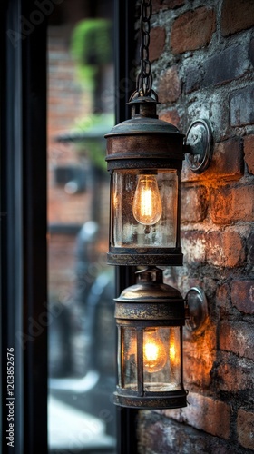 Vintage lanterns illuminate rustic brick wall in warm, inviting atmosphere