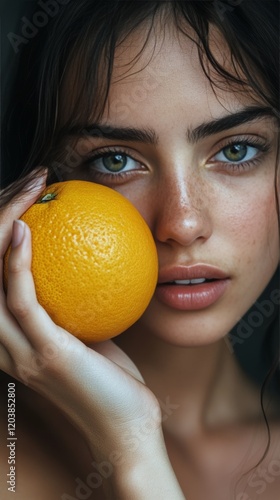 Young woman holding an orange close to her face against a dark backdrop in so...