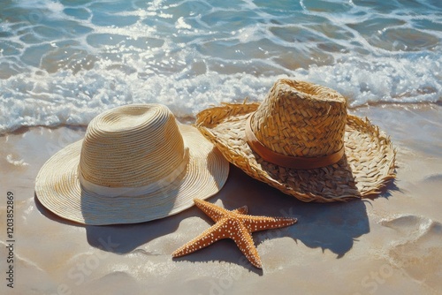 Two straw hats and a starfish resting on sandy beach shore with gentle ocean ...