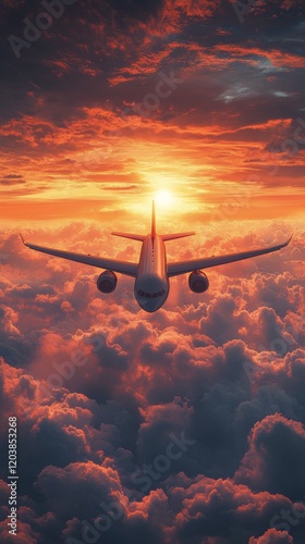 Airplane flying above clouds during a vibrant sunset illuminating the sky wit...