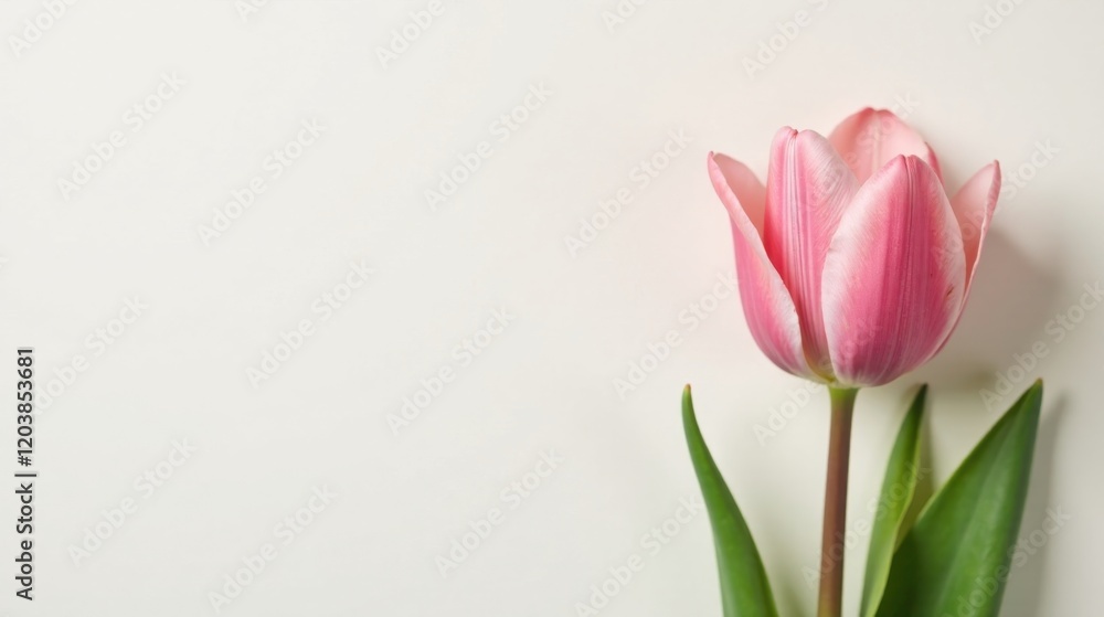 A Delicate Pink Tulip Blossom on a Pristine White Background, a Symbol of Spring's Gentle Arrival and Renewed Hope A Delicate Pink Tulip Blossom on a Pristine White Background, a Symbol of Spring's Gentle Arrival and Renewed Hope