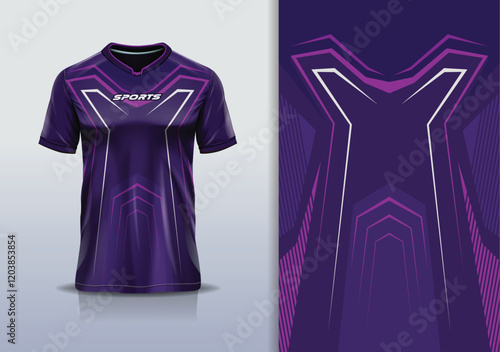 T-shirt mockup abstract stripe line jersey design for football, soccer, racing, esports, running, in purple color