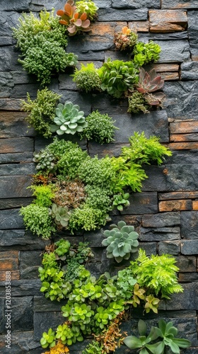Green succulent wall display with various textures and shades in urban setting