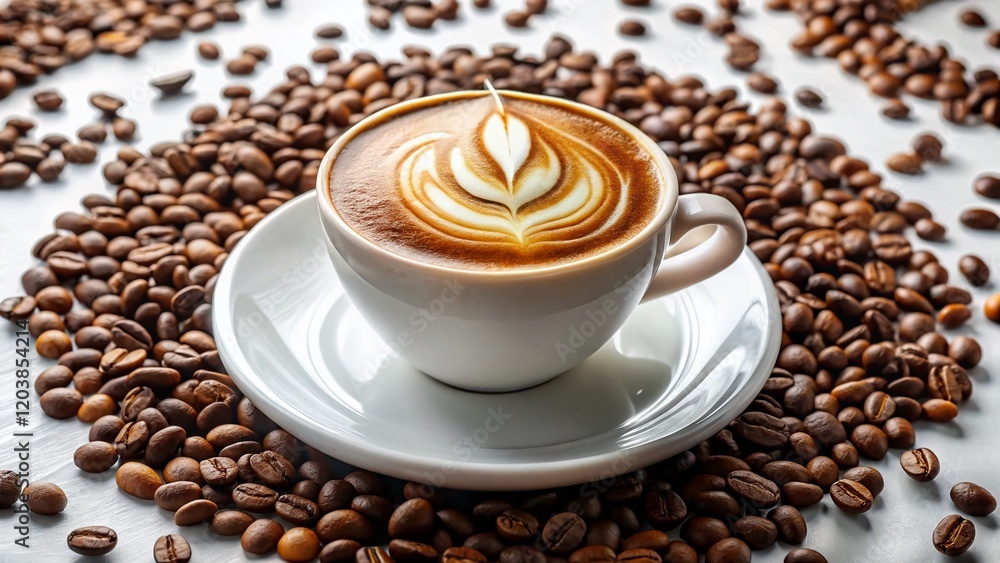 Minimalist Coffee: Cream, Beans, & Cup on White Minimalist Coffee: Cream, Beans, & Cup on White