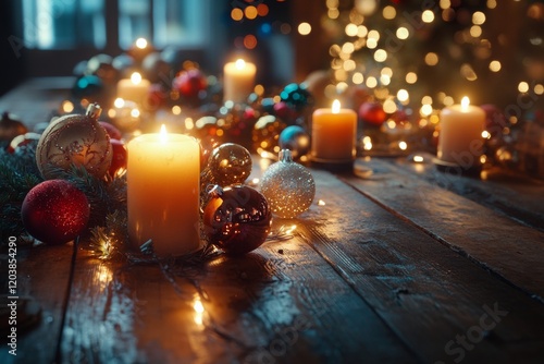 Warm holiday ambiance with candles and ornaments on a rustic wooden table