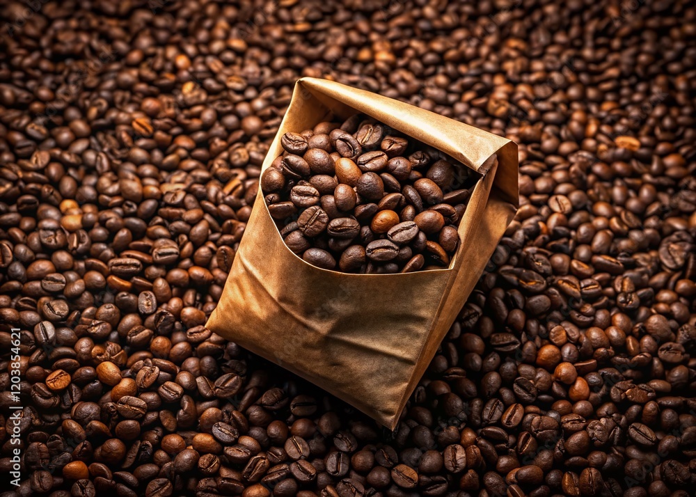 Fototapeta premium Minimalist Craft Paper Coffee Bag Surrounded by Roasted Coffee Beans