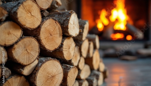 Firewood stacked high near a burning fire offers a warm and cozy atmosphere photo