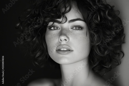 Young woman with curly hair and striking blue eyes poses against a soft backg...