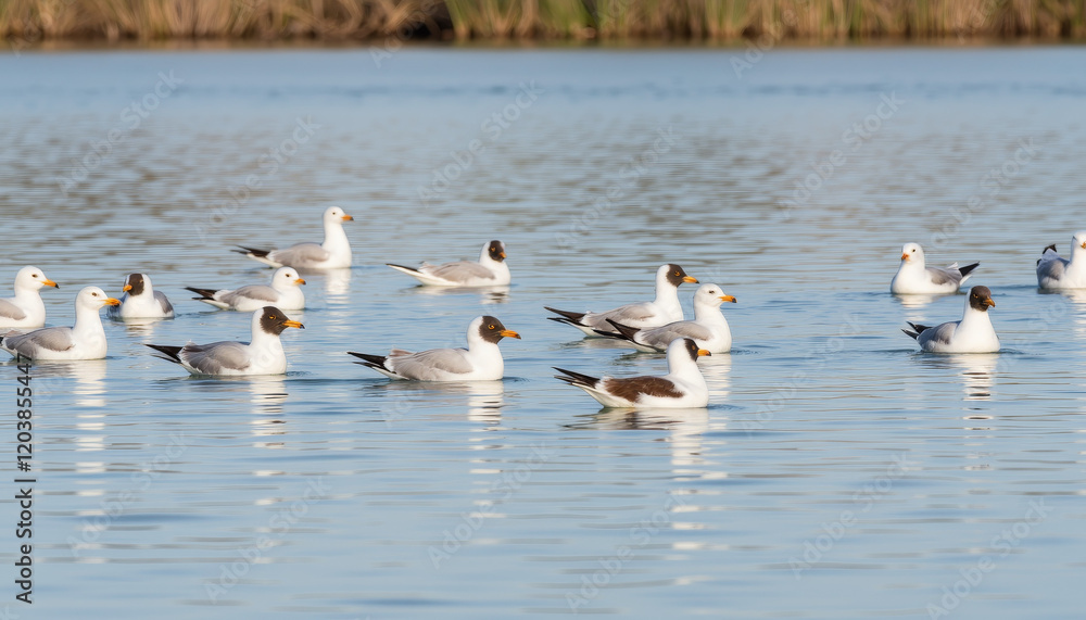 Black-headed gulls gliding on tranquil lake, serene bird migration Black-headed gulls gliding on tranquil lake, serene bird migration
