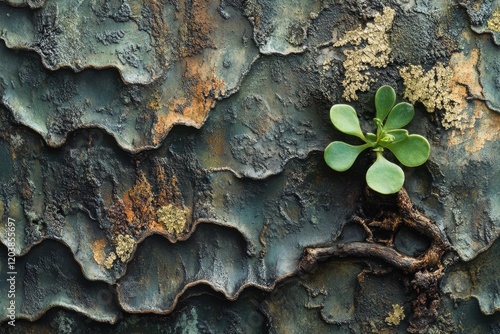 Fresh green plant growing on textured bark of tree in natural setting