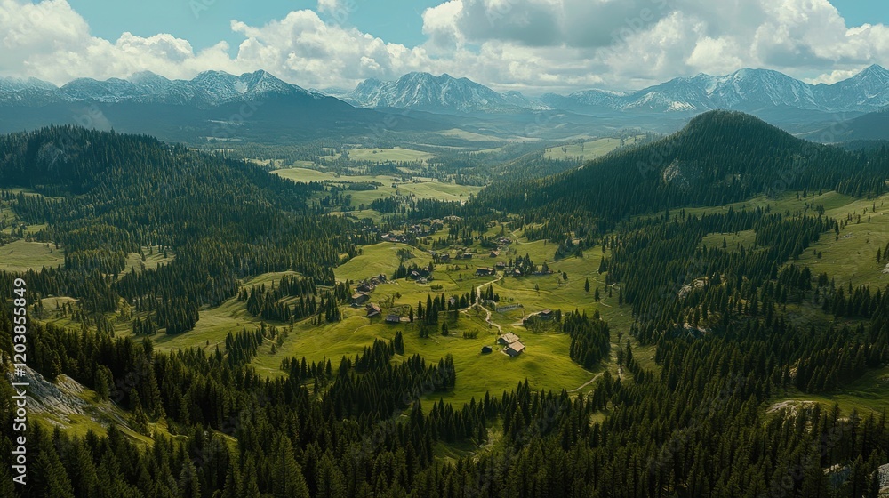 Naklejka premium Mountain Village Nestled In Verdant Valley Landscape