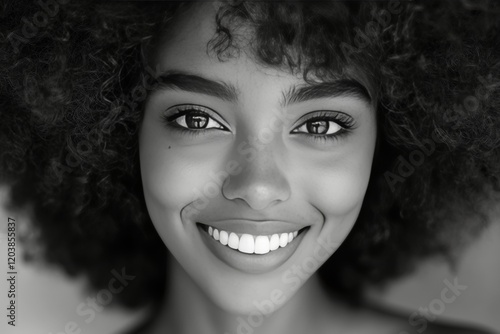 Smiling young woman with curly hair enjoying sunlight outdoors in a natural s...