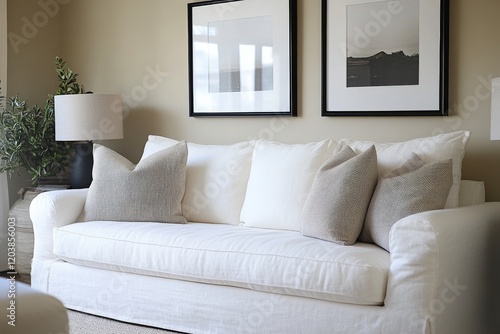 Modern living room with stylish white sofa, decorative pillows, and contempor...