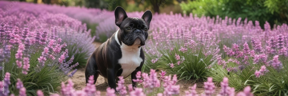 Black and white French bulldog wading through a sea of pink lavender in a rustic garden, beauty, peaceful scene, serene Black and white French bulldog wading through a sea of pink lavender in a rustic garden, beauty, peaceful scene, serene