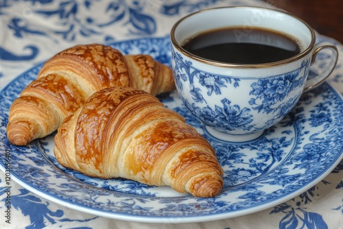 Croissants and coffee on a decorative plate with steam rising from the cup in...
