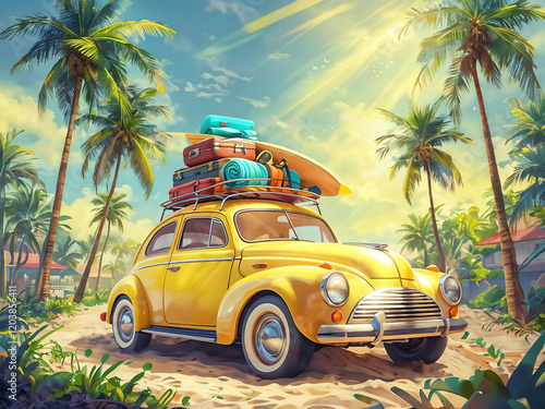 Animated Yellow Car Joyful Beach Road Trip photo