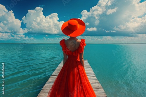 Woman in red dress and hat standing on wooden pier overlooking calm blue wate...