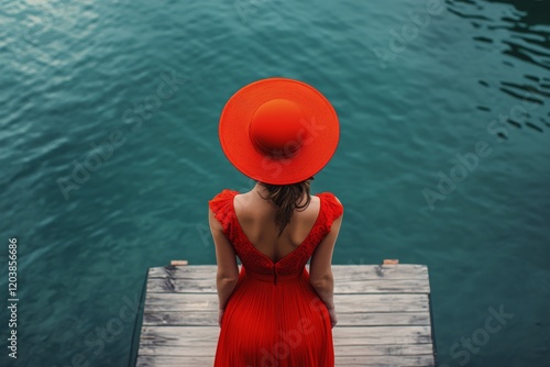 Woman in red dress and hat standing on wooden pier overlooking calm blue wate...