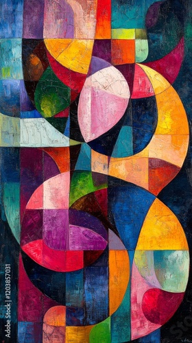 Abstract colorful artwork featuring dynamic shapes and vibrant hues in a mode...