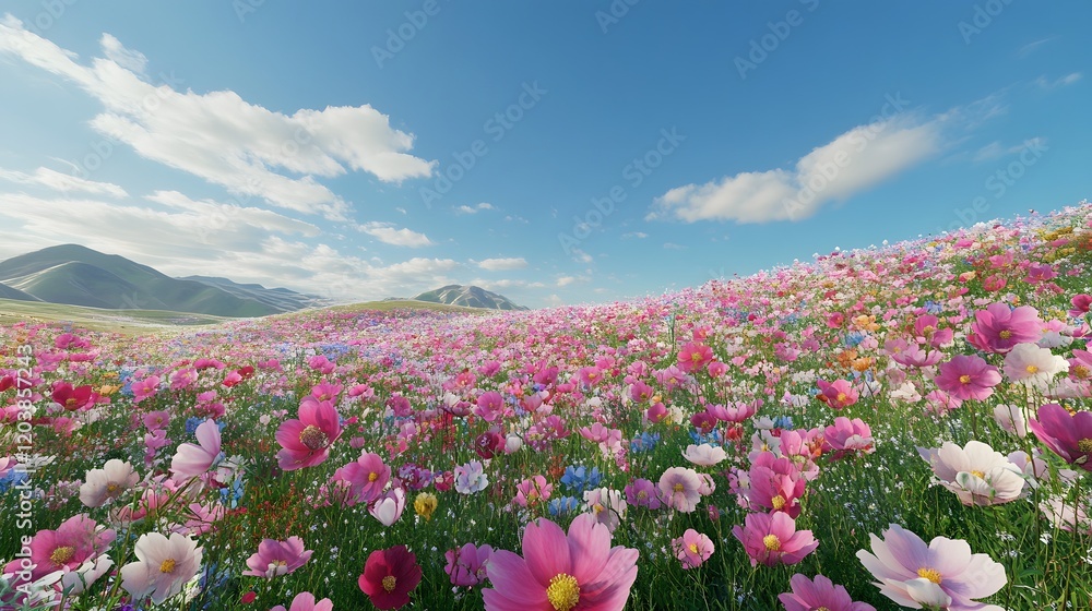 Vibrant Cosmos Flowers Bloom Across Rolling Green Hills Vibrant Cosmos Flowers Bloom Across Rolling Green Hills