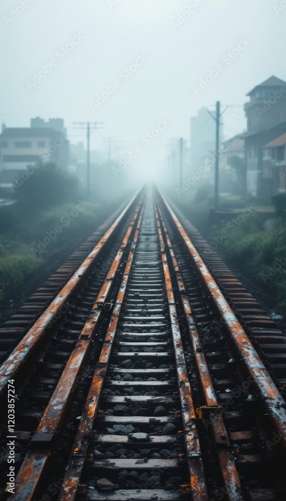 Foggy railway track leading into the distance with a muted cityscape backdrop Foggy railway track leading into the distance with a muted cityscape backdrop