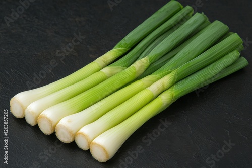 Fresh green onions stacked neatly on a dark stone surface ready for cooking