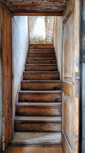 Light illuminates a wooden staircase in a cozy, rustic setting during early m...