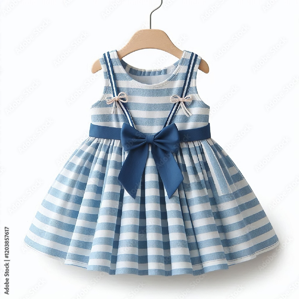 Dress with blue and white horizontal stripes, adorned with a bow at the waist and a white collar. AI generated. Dress with blue and white horizontal stripes, adorned with a bow at the waist and a white collar. AI generated.