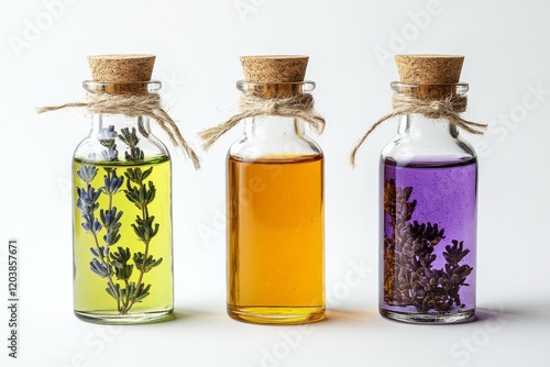 Three glass bottles containing herbal infusions with vibrant colors on a ligh...
