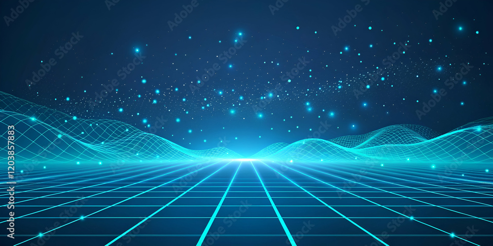 Glowing blue neon grid lines fading into the horizon, with floating digital particles on a dark gradient background for a tech-inspired design Glowing blue neon grid lines fading into the horizon, with floating digital particles on a dark gradient background for a tech-inspired design