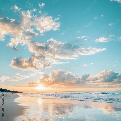 Serene sunset over calm ocean beach with clouds reflecting in wet sand.