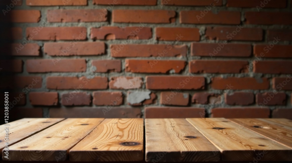 Rustic Wooden Tabletop Against a Blurred Brick Wall Background, Perfect for Product Displays and Creative Compositions Rustic Wooden Tabletop Against a Blurred Brick Wall Background, Perfect for Product Displays and Creative Compositions