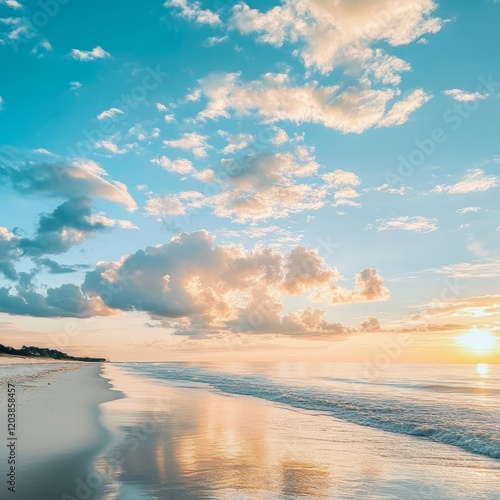 Serene sunrise over tranquil beach with soft pastel sky and gentle waves reflecting light.