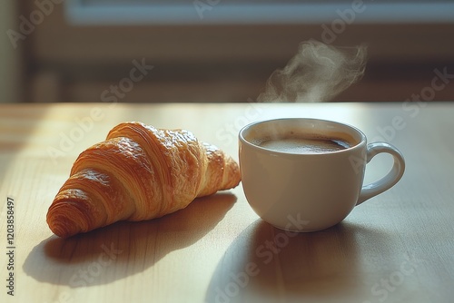 Coffee and croissant on a wooden table with morning light in a cozy setting
