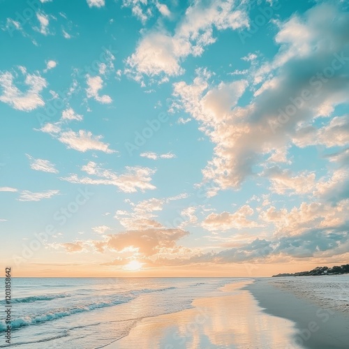 Serene sunset over a tranquil beach with soft, pastel-colored clouds reflecting on the wet sand.