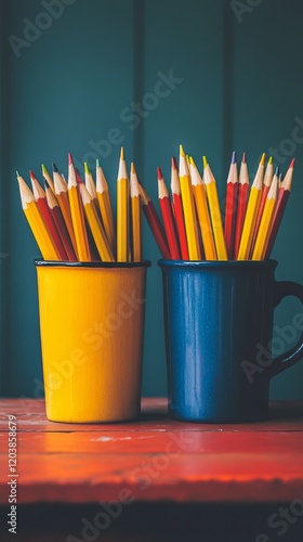 Colorful art supplies in bright pots on a wooden table surrounded by greenery