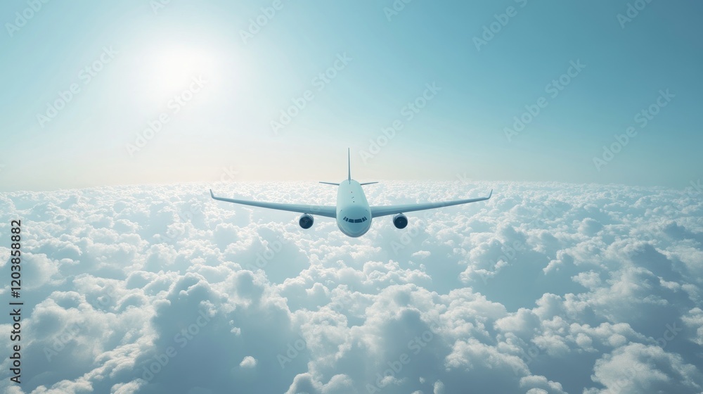 Obraz premium Airplane flying above clouds, sunny sky, travel