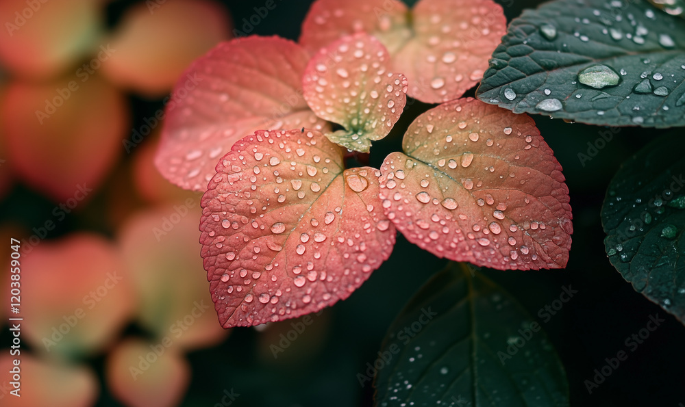 Pink hydrangea leaves with water droplet background Pink hydrangea leaves with water droplet background
